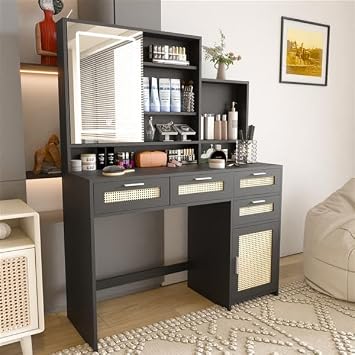 Makeup Vanity Desk with Lights, 43" Vanity with Lighted Mirror, LED Vanity Table with Charging Station, Makeup Desk with 4 Drawers & 1 Cabinets & Shelves for Bedroom