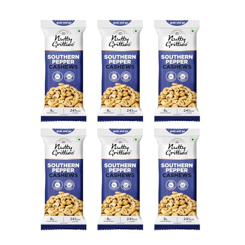 Image of Nutty Gritties Premium Jumbo Size Southern Pepper Cashew Nuts 240g, Natural Flavoured Whole Cashew | W240 | Zero Breakage | Resealable Pouch | Each Pouch 40g | Pack of 6