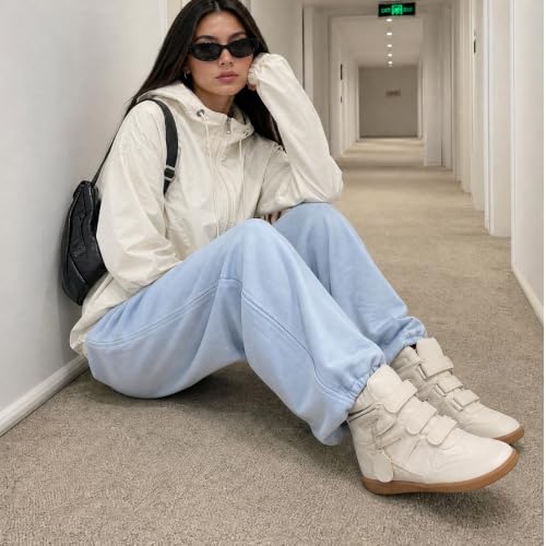 Image of Dsevht Hidden Wedge Sneakers for Women High Top Fashion Sneaker Suede High Heel Platform Tennis Triple Strappy Band Casual Vintage Dressy Comfy Campus Trendy Retro Sneaker