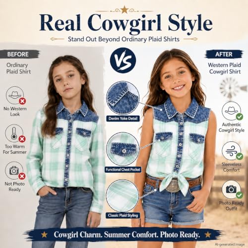 Image of Bienzoe Western Plaid Girls Shirt: Sleeveless Button Down