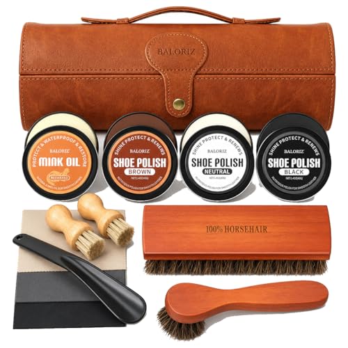 BALORIZ Shoe Shine Kit, 13PCS Shoe Polish Kit with Leather Shoe Polish, Mink Oil, Horsehair Brushes and More for Leather Boot Shoe Care Kit as Christmas Birthday Gifts for Men & Women by BALORIZ - Used condition - CA$23.79