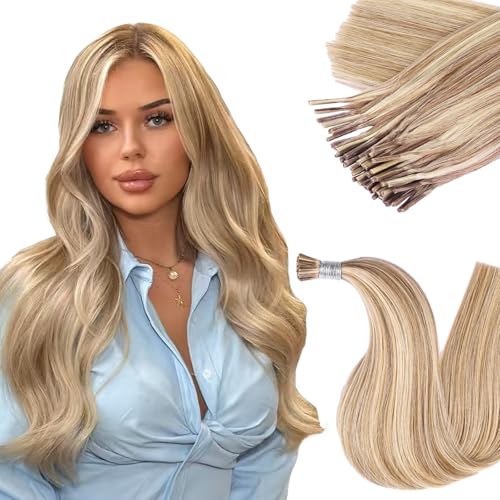 DIYOMO I Tip Hair Extensions - Human Hair Ash Brown Highlighted Bleach Blonde 18 Inch For Women Soft & Natural Itip Human Hair Extensions 50g 60s