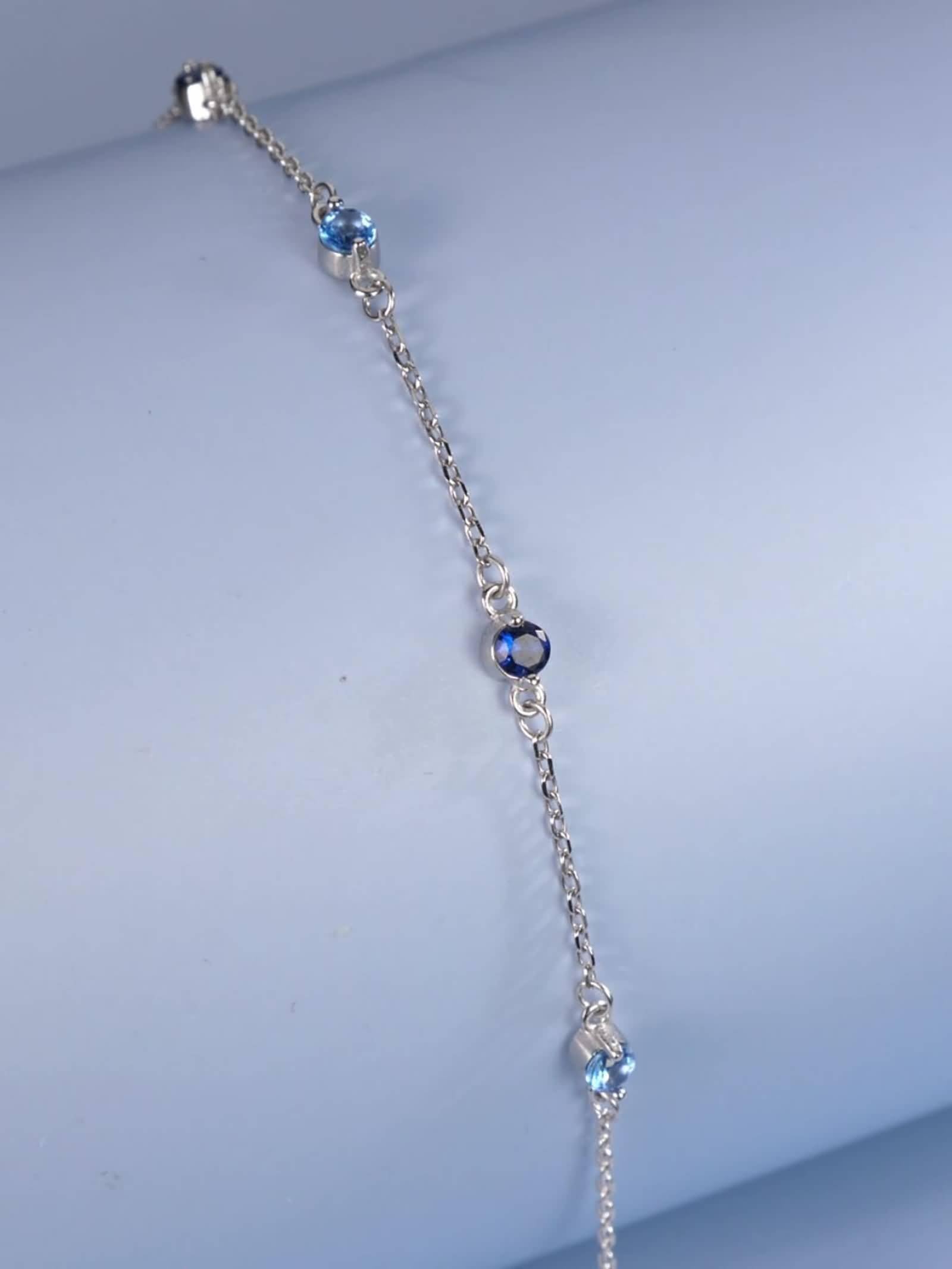 Pulsera para Mujer de Oro Blanco 9K / 14K / 18K, Redondo con Zafiro Creado de 0,35 ct y Topacio de 0,2 ct, Cadena Extensible 16 CM + 5 CM, Pulseras de Ajustable Mujer de Plata Azul