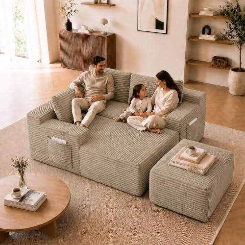 Image of Boneless Couch, Modular Sectional Couches for Living Room, U-Shaped Cloud Couch Sofa with Deep Seat, Fluffy Corduroy Upholstered Corner Sofa