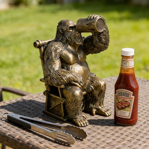 Image of Bigfoot Statue Lazy Sasquatch Drinking Beer Whimsical Home Decor | Hand-Painted Desk Decor for Yard Patio Office Cabin | Bigfoot Sasquatch Gifts for Men Cryptid Enthusiasts