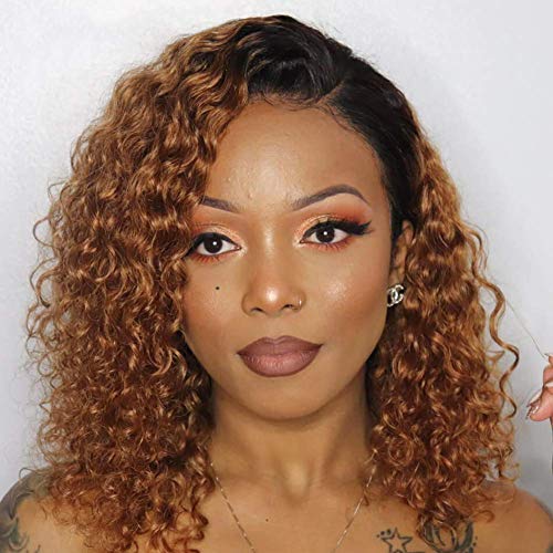 Ombre Brown 150% Density Curly Bob Wig 1b 30 Lace Front Human Hair Wigs Ombre Brown Colored For Women Brazilian Virgin Hair Pre Plucked & Bleached Knots Wigs (10 Inch 1b 30 Lace Front Wig)