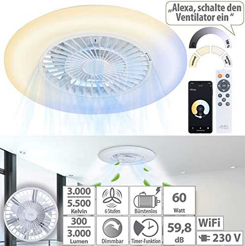 Foto von Sichler Haushaltsgeräte Deckenventilator WLAN: 2in1-WLAN-Deckenleuchte & Ventilator, App-Steuerung, CCT-LEDs, Ø 60 cm (Deckenlampe mit Ventilator, Deckenventilator App Steuerung)