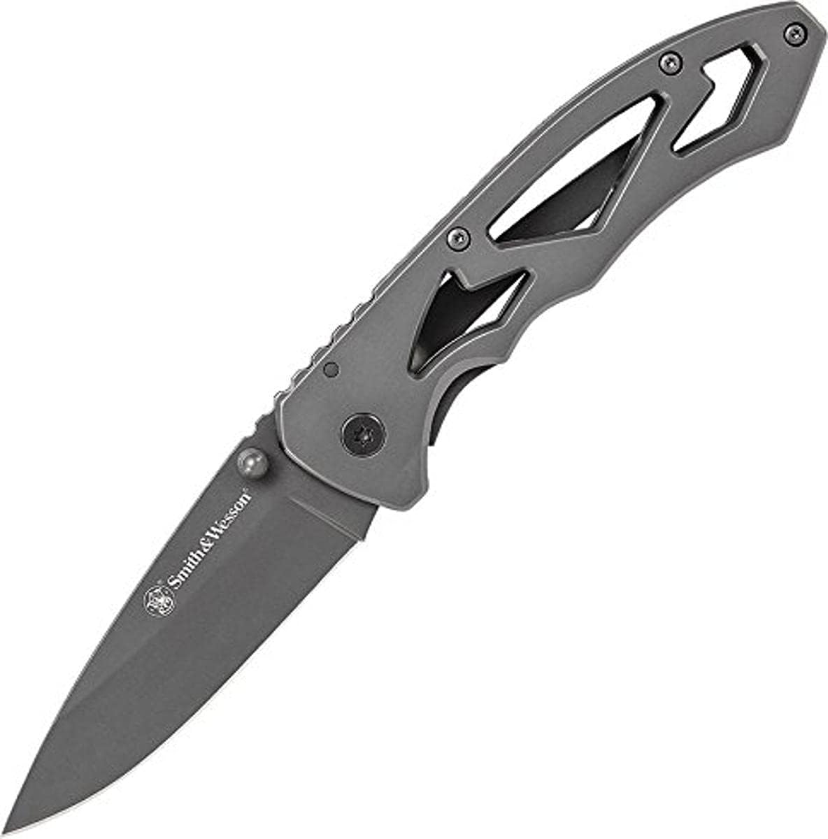 Smith & Wesson High Carbon S.S. Folding Knife with Drop Point Blade and Stainless Steel Handle for Outdoor, Tactical, Survival and EDC