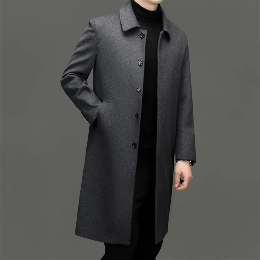 Men's Casual Mid-Length Lapel Wool Jacket Thick Single Breasted Long Sleeve Wool Blend Pea Coat