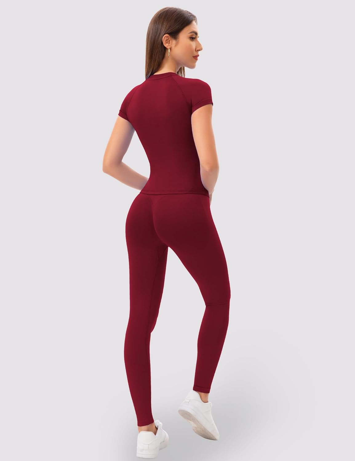 Gym Workout Tops for Women Short Sleeve Longline Athletic Tops Fitted Crew Neck Yoga Sports Compression T-Shirts - Image 3