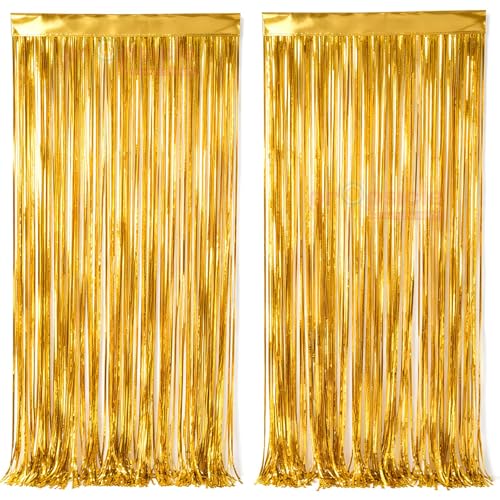 Image of ARCK Plus golden Foil Curtain for Decoration - 3 Pcs (3ftx6ft) Curtain for Birthday Decoration | Fringe Curtains for Decoration | golden Foil Curtains for Birthday Decoration | Foil Fringe Curtain