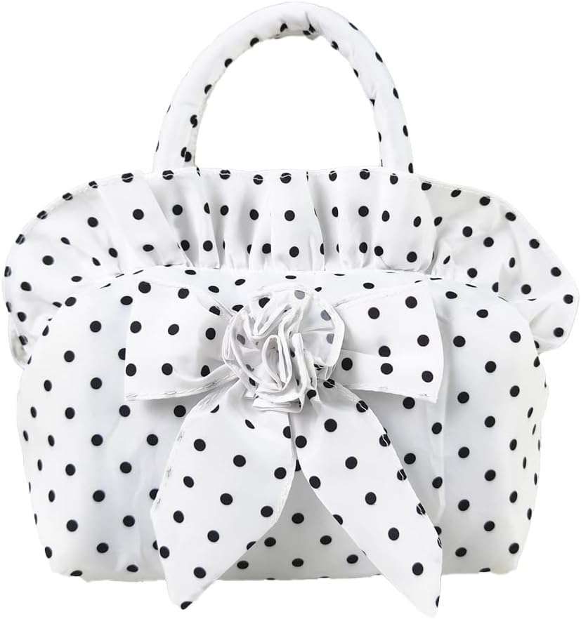 Mini Polka Dot Tote Bag for Women - Bow Tie Slouchy Handbag with Inner Pocket for Travel Work Beach Shopping