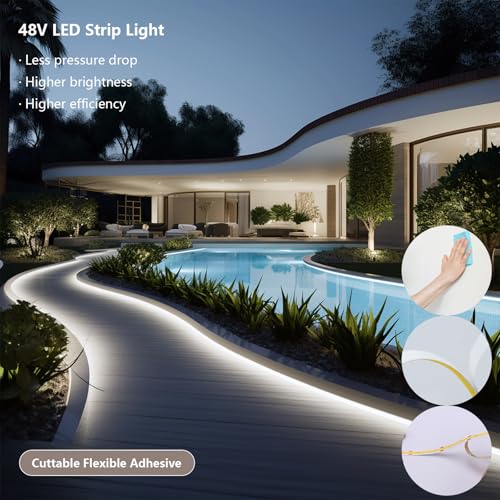 Image of BENLUN 48V Outdoor LED Strip Lights Waterproof, 65.6ft 150W 4000K Natural White Dimmable LED Tape Light Cuttable with Power Supply for Bedroom Ceiling Garden Living Room Commercial House