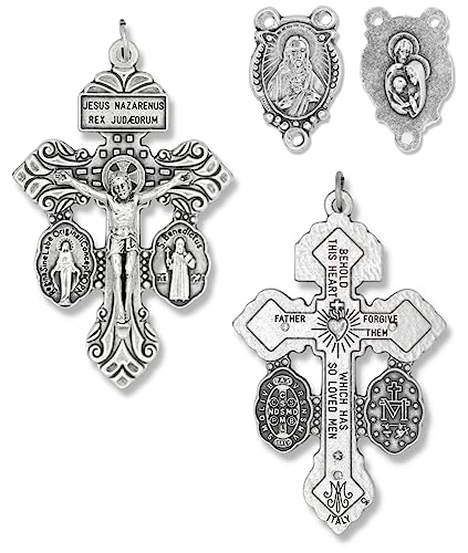Italian Rosary Making Kit for 5 Rosaries - Cross and Center Sets with 2” Pardon Crucifix with Sacramental Medals (Miraculous Medal and St Benedict Medal) and 1” Holy Family Rosary Center