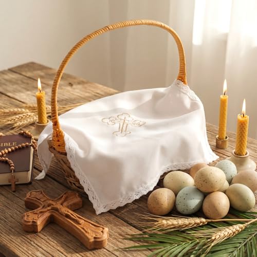 Yungyan Easter Orthodox Wicker Basket with 16" Square Embroidered Cross Cloth Cover Pascha Gift Orthodox Pascha Baskets Religious Table Decoration Communion Prosphora Greek Church Altar by Yungyan - Used condition - Image 4