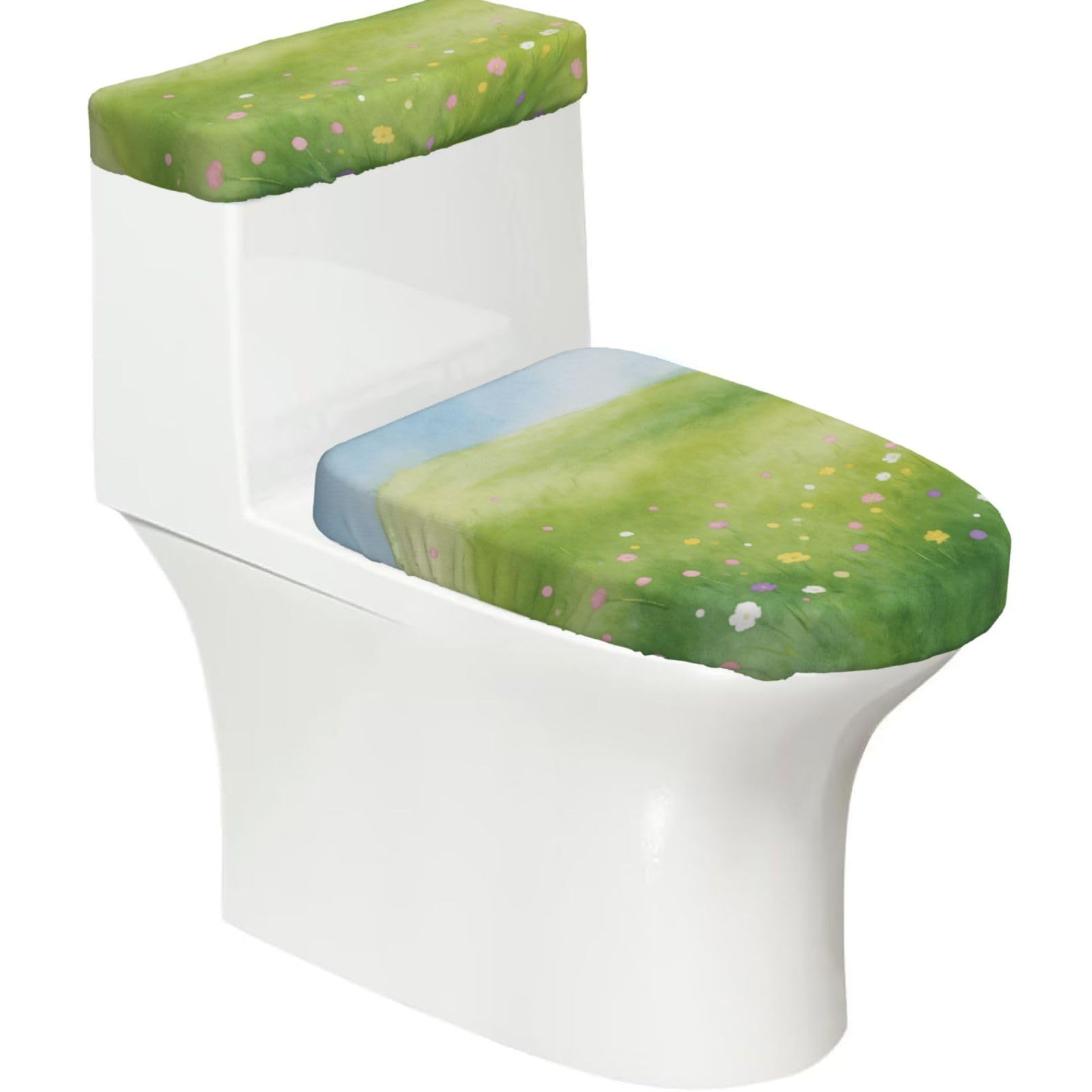 Cntdbu Black Meadow Wash Elastic Toilet Cover Set Of 2-Stretchy Lid And Tank Covers For Bathroom, Soft Washable U Shape Toilet Decor