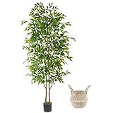 Warmplants 8ft Artificial Ficus Tree, 96” Realistic Ficus Leaves Large Fake Plant with Basket, Indoor Outdoor Potted Faux Tree for Home Garden Office House Livingroom Décor