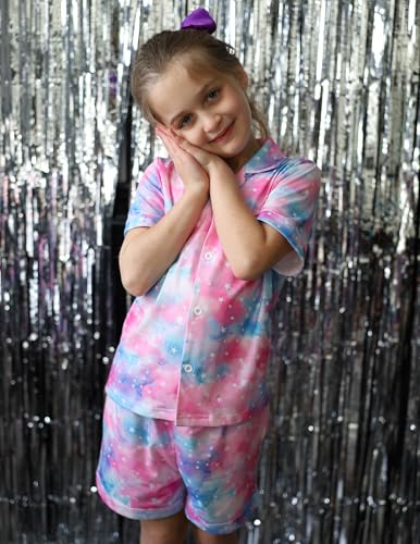 Image of Arshiner Girls Pajamas Sets Short Sleeve Kids Pjs Button Down Sleepwear | Cute Printed Pajamas for Little & Big Girl, Lightweight Comfy Fabric, 2-Piece Outfits, Perfect for Lounge Pajamas Party