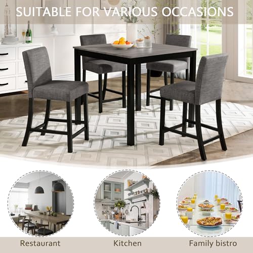 Image of KEIKI 5-Piece Counter Height Dining Table Set with Square Table and 4 Upholstered Curved Backrset Chair, for 4 Person, Modern Wooden Table Set, Easy Assembly, for Kitchen, Dining Room, Black+Gray