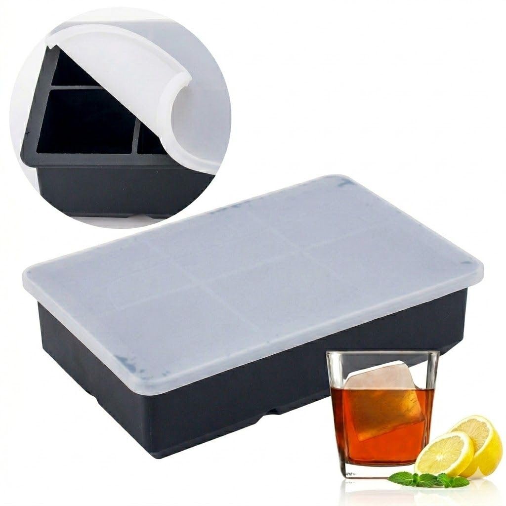 Sprqcart Silicone Easy Push Pop Up Ice Cube Tray with Flexible Silicon Bottom and Over Lid,6 Cube Trays Stackable Durable and Dishwasher Safe (Black, Pack of 1)