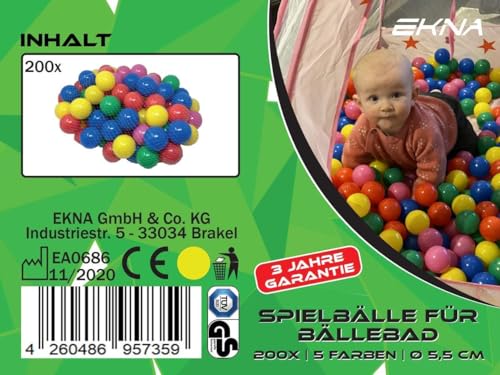 EKNA Spielbälle Ø 5,5cm - Bällebad Bälle 200 Stück - Bunte Auswahl für Bällebad-Pool - Plastikbälle Baby-Bälle Farben Hellgrün Hellblau Gelb Rosa Weiß Lila