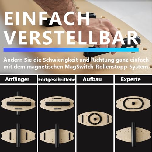 Flycoop Balance Board für Erwachsene – Holz Balance Board Set mit Rolle & Ball, Surf Trainer Indoor, Wackelbrett für Gleichgewicht, Koordination & Core Training, Rutschfest, bis 200 kg belastbar