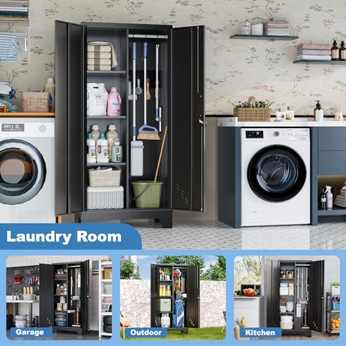 Image of 61 inch H Broom Closet Cabinet, Metal Storage Cabinet with Lockable Doors and Pegboard, Utility Closet for Brooms and Mops, Tool Cabinets for Home Office, Laundry Room, Garage, Workshop