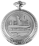 Motiv Taschenuhr Eisenbahn Schiff + Kette Clip Weiß Silber Sprungdeckel Analog Quarz