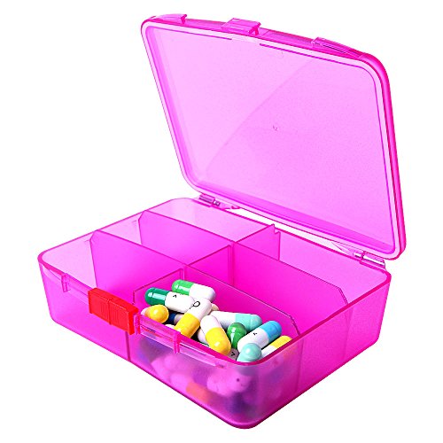 XINHOME 6 Compartment Pill Box Holds Up to 200 Tablets Gasketed & Waterproof (Rose Red)