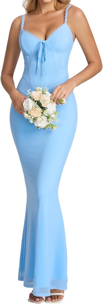 XinFSh Womens Lace Long Formal Wedding Guest Dress Floral Spaghetti Strap Bodycon Maxi Cocktail Party Dresses