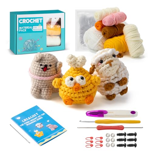 Crochet Kit for Beginners – Creachet Beginner Crochet Kit for Adults, Crochet Animal Kit 3 Pack, Crochet Dog, Chicken, Lamb with Step-by-Step Video Tutorial, Room Decor w/ Extra 40% Yarn