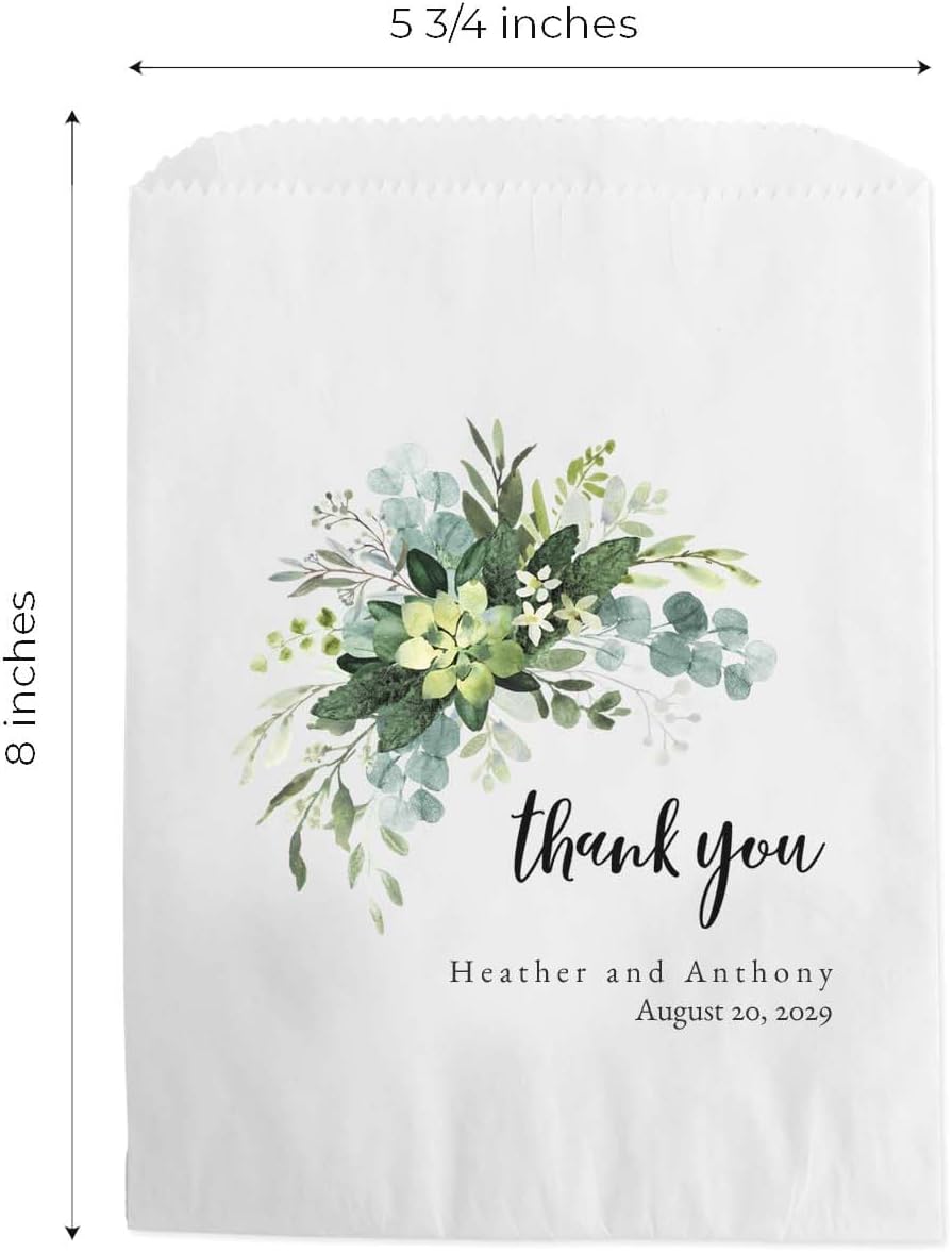 Canopy Street Personalized Lush Greenery Thank You Treat Bags / 50 Custom Event Dessert Bags / 5 3/4" x 8" Watercolor Floral Cookie Holder Wedding Anniversary Favor/Made In The USA