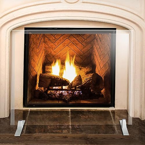 Image of Tempered Glass Fireplace Screen, 26 inch x 36 inch, Silver Base, Modern Frameless