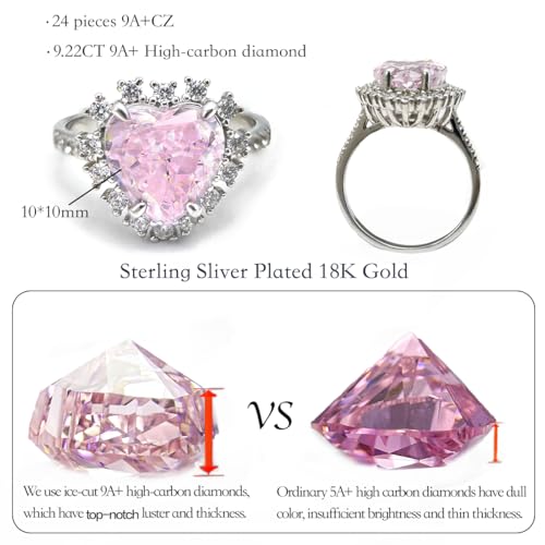 925 Sterling Silver Pink Heart Diamond Engagement Ring - Premium 18K White Gold Plated - Elegant Pink Ring for Women's Anniversary, Wedding2