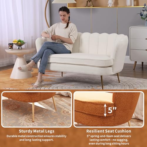 Aortzio 59\'\' Loveseat Sofa, Modern Sherpa Boucle 2-Seater Sofa with Golden Legs, Comfy Upholstered Shell Accent Couch for Store, Living Room, Studio, Office (Caramel). - Thumbnail 5