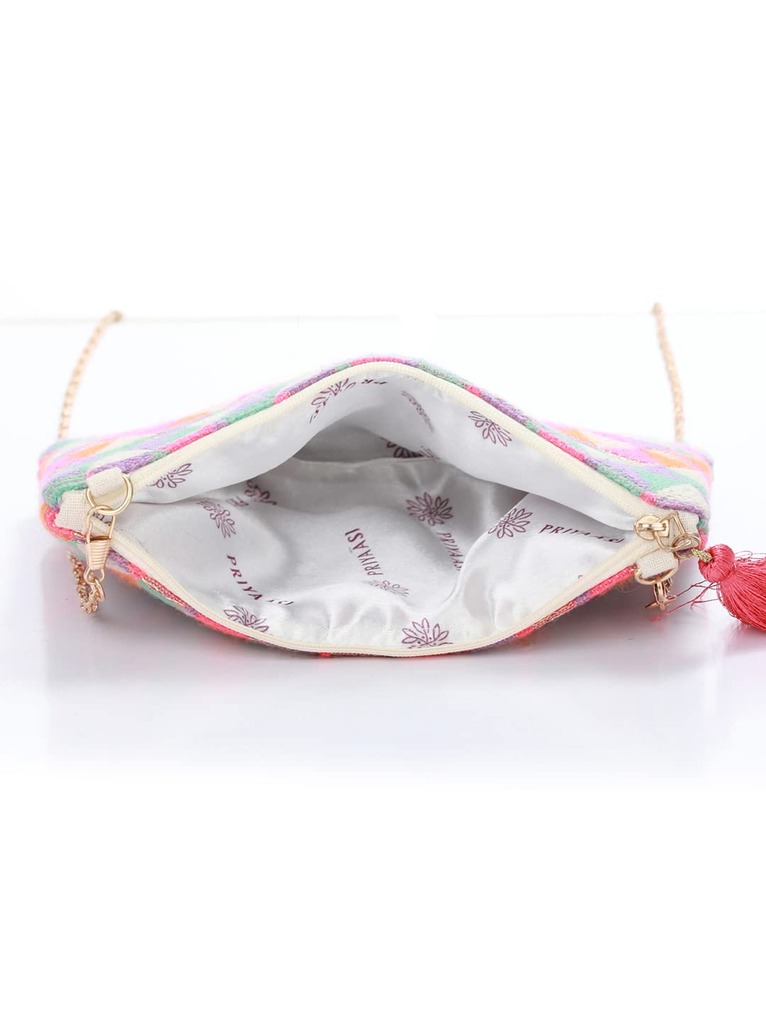 Priyaasi Multicolor Geometric Pattern Jacquard Cloth Sling Bag for Women | Stylish, Trendy, & Casual Chain Sling Bag with Zipper Closure | Detachable Strap - Image 6 thumbnail