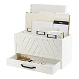 White Desktop Mail Organizer – Three-Tiered with Gold Label Holders and Drawer – Stylish Mail Holder and Countertop Document Storage for Home or Office