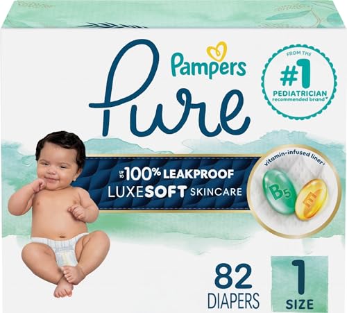 Pampers Pure Baby Diapers, Size 1 (8-14 lbs), 82, Up to 100% Leakproof, Premium Hypoallergenic Soft Diapers