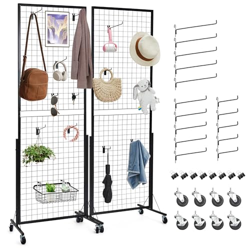 Fasyou Industrial Grid Wall Panel Display Stand - 2' x 5.6' Heavy-Duty Movable Panel with Triangle T-Base - Extra Clips & Hooks Included - Perfect for Retail, Art Fairs & Craft Shows - Size: 2 Sets
