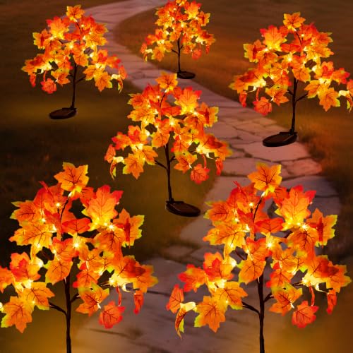 2 Pack Fall Solar Lights Outdoor Decorative with 8 Lighting Modes 40LED Pumpkin Maple Trees Fall Decor IP65 Waterproof Solar Stake Lights for Yard Pathway Patio Halloween Thanksgiving Decorations