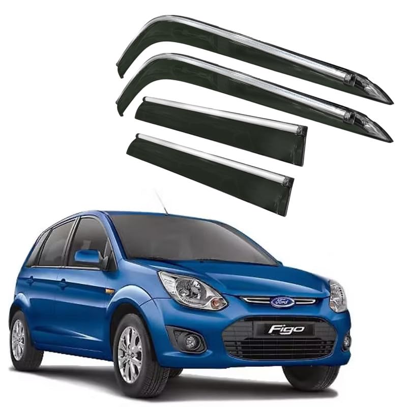 Image of CAR SAAZ Side Door Visors for Figo (2010-2015)(Set of 4Pcs)|Chrome Lined Rain Guards, Polycarbonate, Smoke Finish