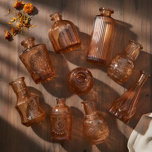 Image of TIED RIBBONS Glass Bud Vases for Flowers - Pack of 10 Antique Glass Centrepiece for Mini Flowers- Antique Collections for Floral Arrangements Home Decorations Item for Home Decor Item