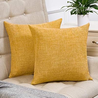 Anickal Set of 2 Mustard Yellow Farmhouse Pillow Covers Cotton Linen Decorative Square Throw Pillow Covers 18x18 Inch for Sofa Couch Decoration