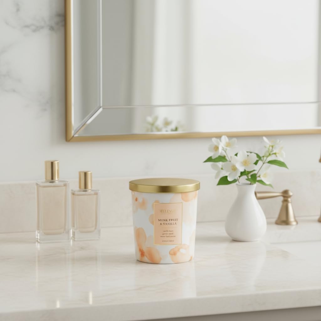 Luxury Fragranced Candle, 12 OZ, Soy Blend Wax, Essential Oils, Long-Lasting Burn, Home Fragrances, Aromatherapy Home Scented Candles Scent Monk Fruit & Vanilla (Pack of 2)