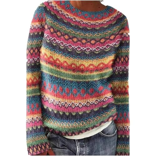 Image of YONGLSP Norwegian Sweater Women, Women's Knitted Print Retro Sweater Crewneck Long Sleeve, Autumn and Winter Casual Loose Knit Jacquard Sweater (Rose Red,L)