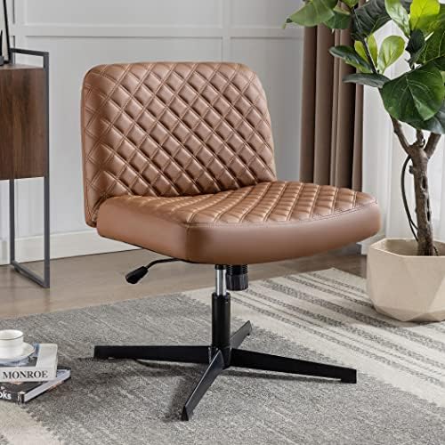 Armless PU Leather Office Desk Chair,Cross Legged Home Office Chair No Wheels Heavy Duty Metal Base,120° Rocking Ergonomic PC Chair,Thicken Padded Swivel Vanity Chair for Women, Girls,Accent Chair