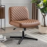 Armless PU Leather Office Desk Chair,Cross Legged Home Office Chair No Wheels Heavy Duty Metal Base,