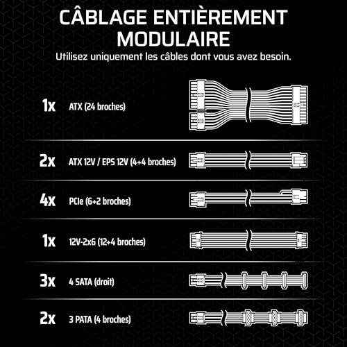 CORSAIR RM1000x Alimentation ATX entièrement modulaire et silencieuse – Conformité ATX 3.1 – Prise en Charge PCIe 5.1 – Efficacité Cybenetics Gold – Connecteur natif 12V–2x6 – Noir