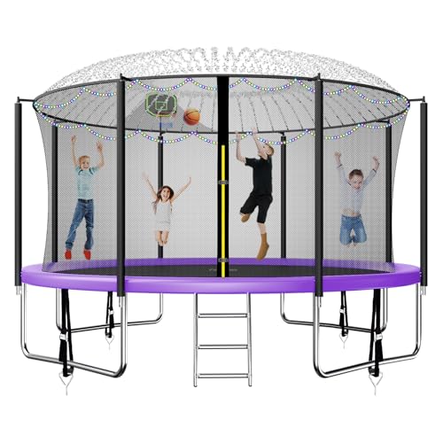 Famispick 12FT 14FT 16FT Outdoor Trampoline for Kids and Adults, No Gap Design Recreational Backyard 1500LBS Trampoline with Enclosure Net, Ladder, Sprinkler and LED Lights-ASTM CPC CPSIA