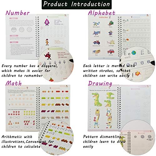 4 Pack Magic Practice Copybook, Reusable Groove Calligraphy for Children, Magic Handwriting Calligraphy Copy Books for Kids, Preschool Tracing Book with Magic Pens (Multicolor Version C)